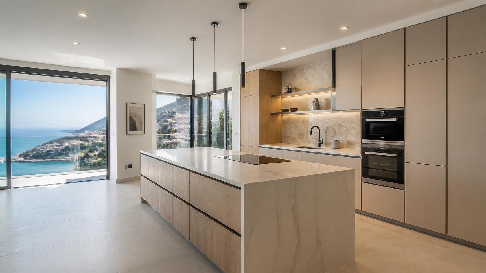 Cuisine ouverte sur une grande baie vitrée aluminium