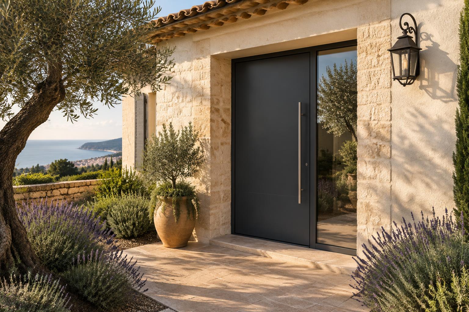 Porte d’entrée aluminium anthracite sur façade en pierre